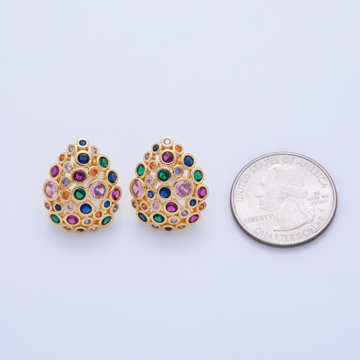 18K Gold Filled Multicolor CZ Dotted Teardrop Dome Hoop Earrings | AI357 - DLUXCA