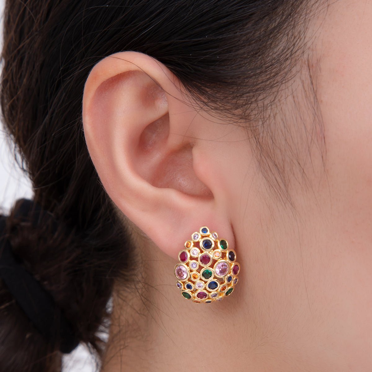 18K Gold Filled Multicolor CZ Dotted Teardrop Dome Hoop Earrings | AI357 - DLUXCA
