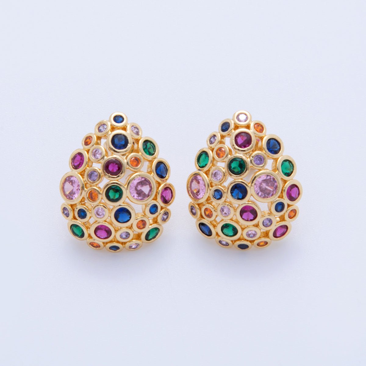 18K Gold Filled Multicolor CZ Dotted Teardrop Dome Hoop Earrings | AI357 - DLUXCA