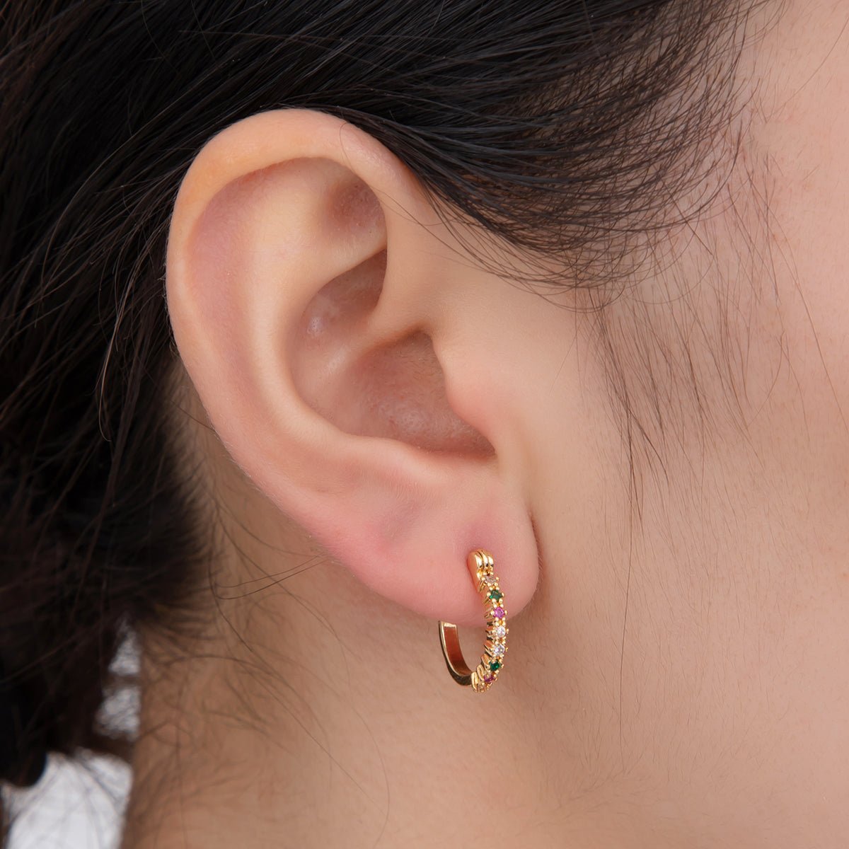18K Gold Filled Multicolor CZ Micro Paved Latch Hoop Earrings | AI365 - DLUXCA