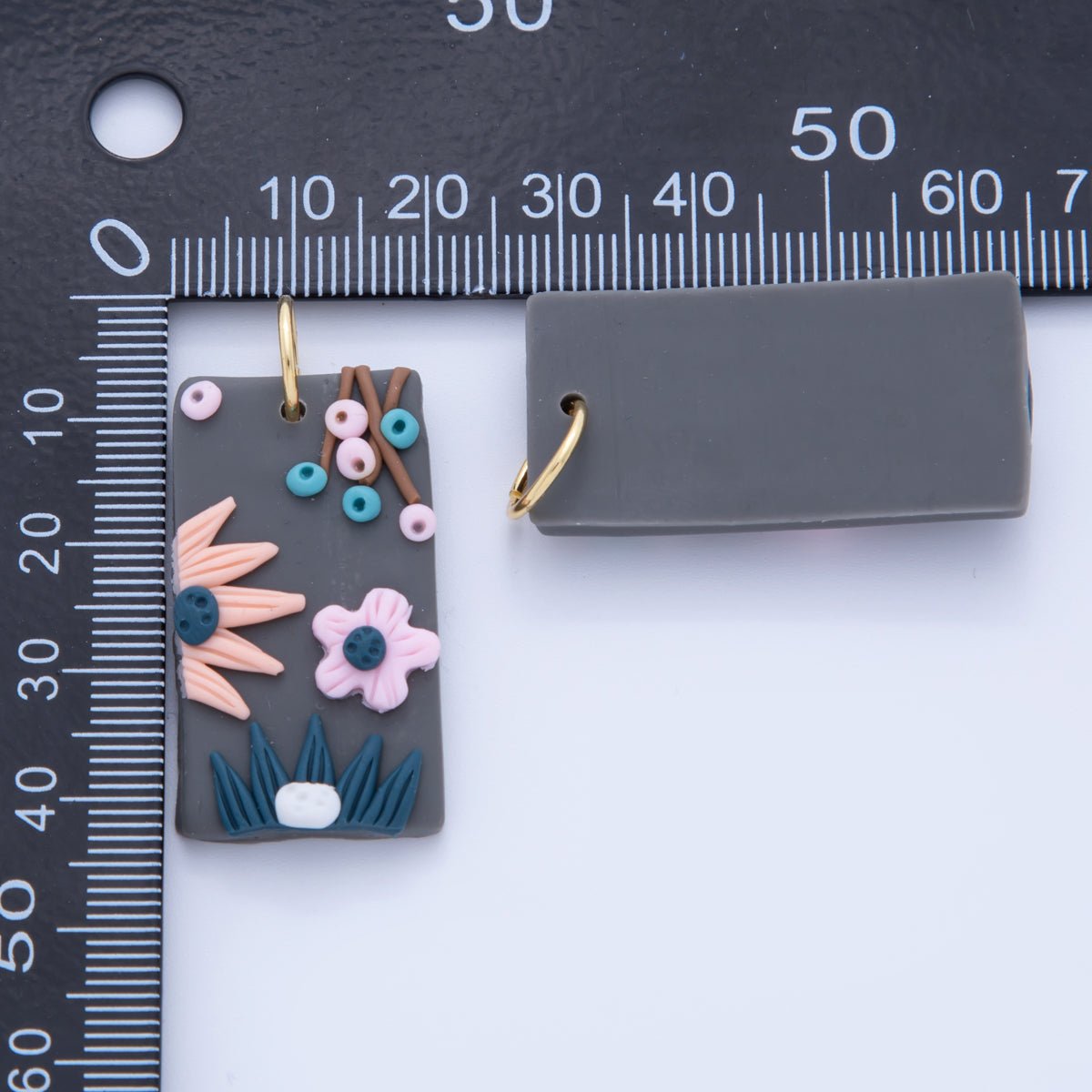 18K Gold Filled Multicolor Flower Plant Grey Polymer Clay Rectangle Charm | AF362 - DLUXCA