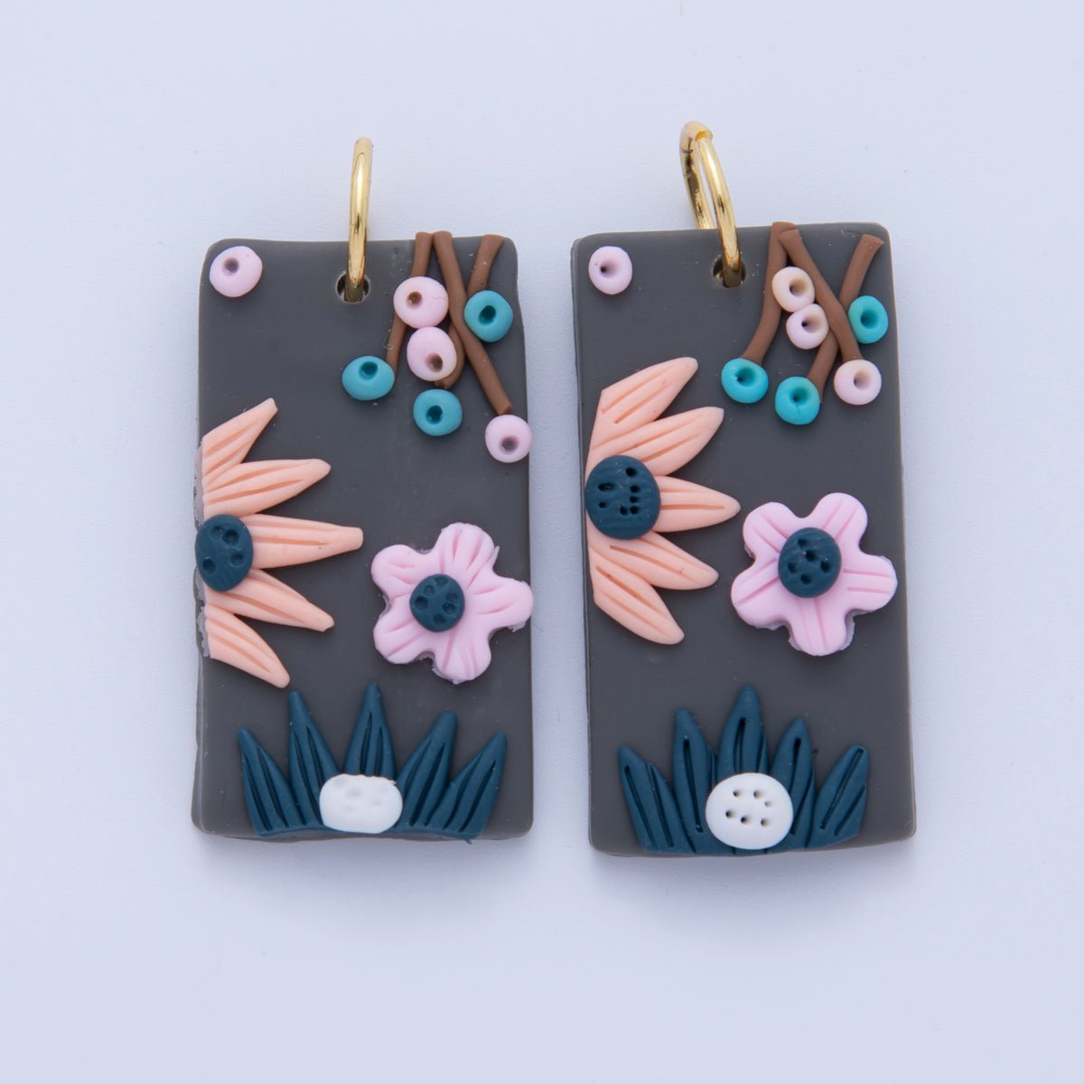 18K Gold Filled Multicolor Flower Plant Grey Polymer Clay Rectangle Charm | AF362 - DLUXCA