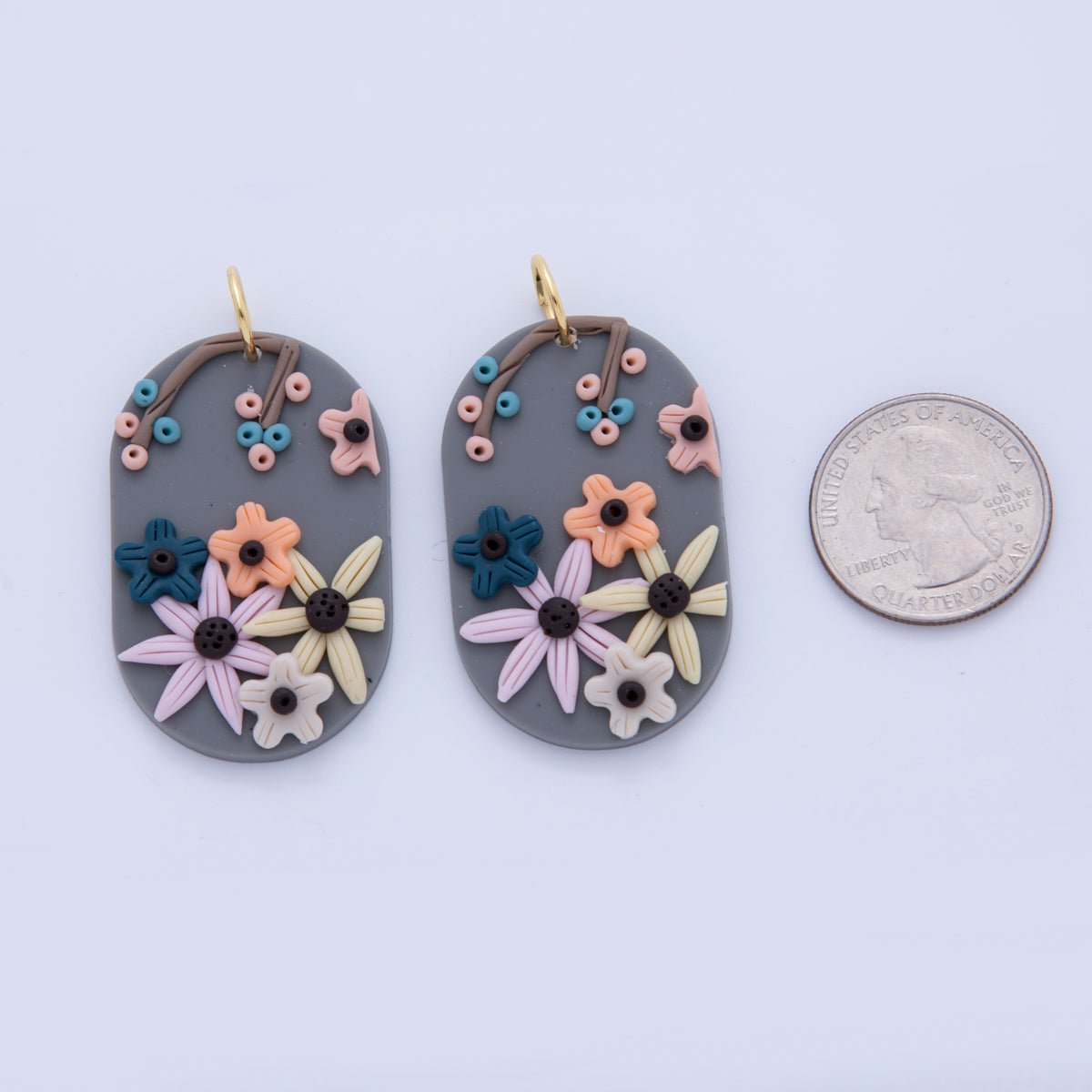 18K Gold Filled Multicolor Flower Plant Polymer Clay Grey Oblong Charm | AF365 - DLUXCA