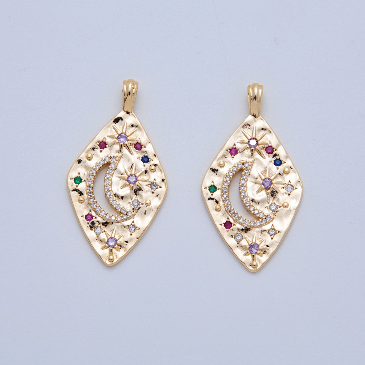 18K Gold Filled Multicolor Micro Paved CZ Celestial Star Crescent Moon Hammered Rhombus Pendant | AH784 - DLUXCA