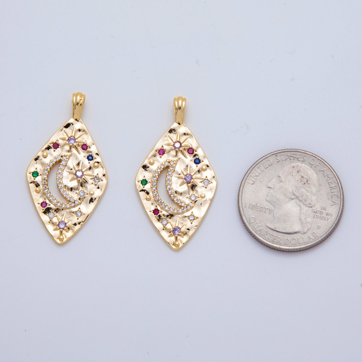 18K Gold Filled Multicolor Micro Paved CZ Celestial Star Crescent Moon Hammered Rhombus Pendant | AH784 - DLUXCA