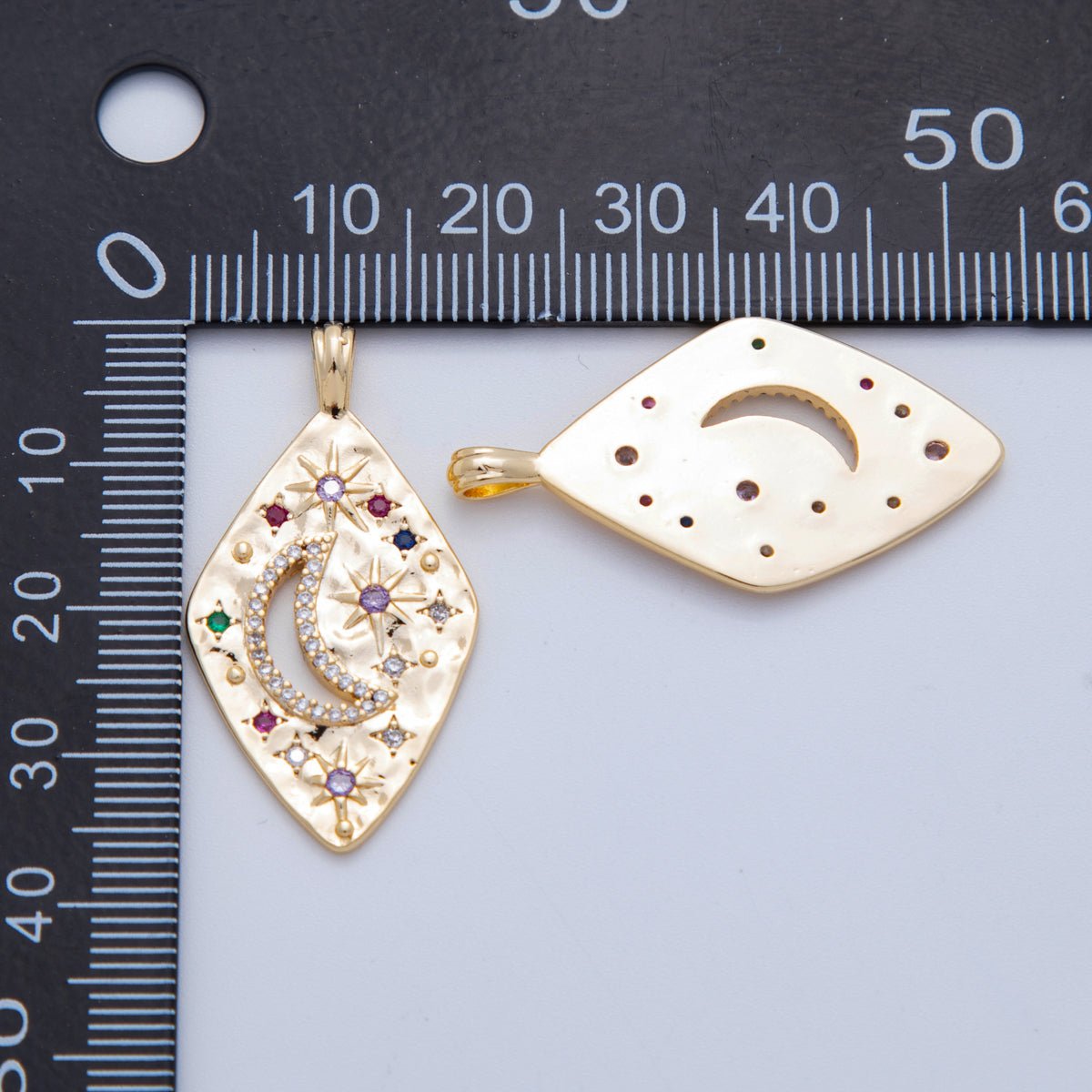 18K Gold Filled Multicolor Micro Paved CZ Celestial Star Crescent Moon Hammered Rhombus Pendant | AH784 - DLUXCA