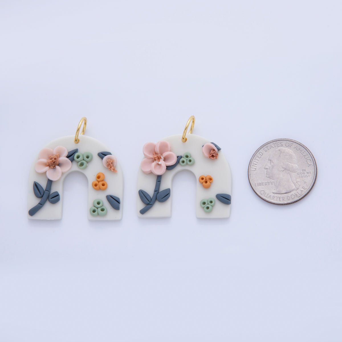18K Gold Filled Multicolor Pink Flower Plant Polymer Clay White U - Shaped Charm | AF373 - DLUXCA