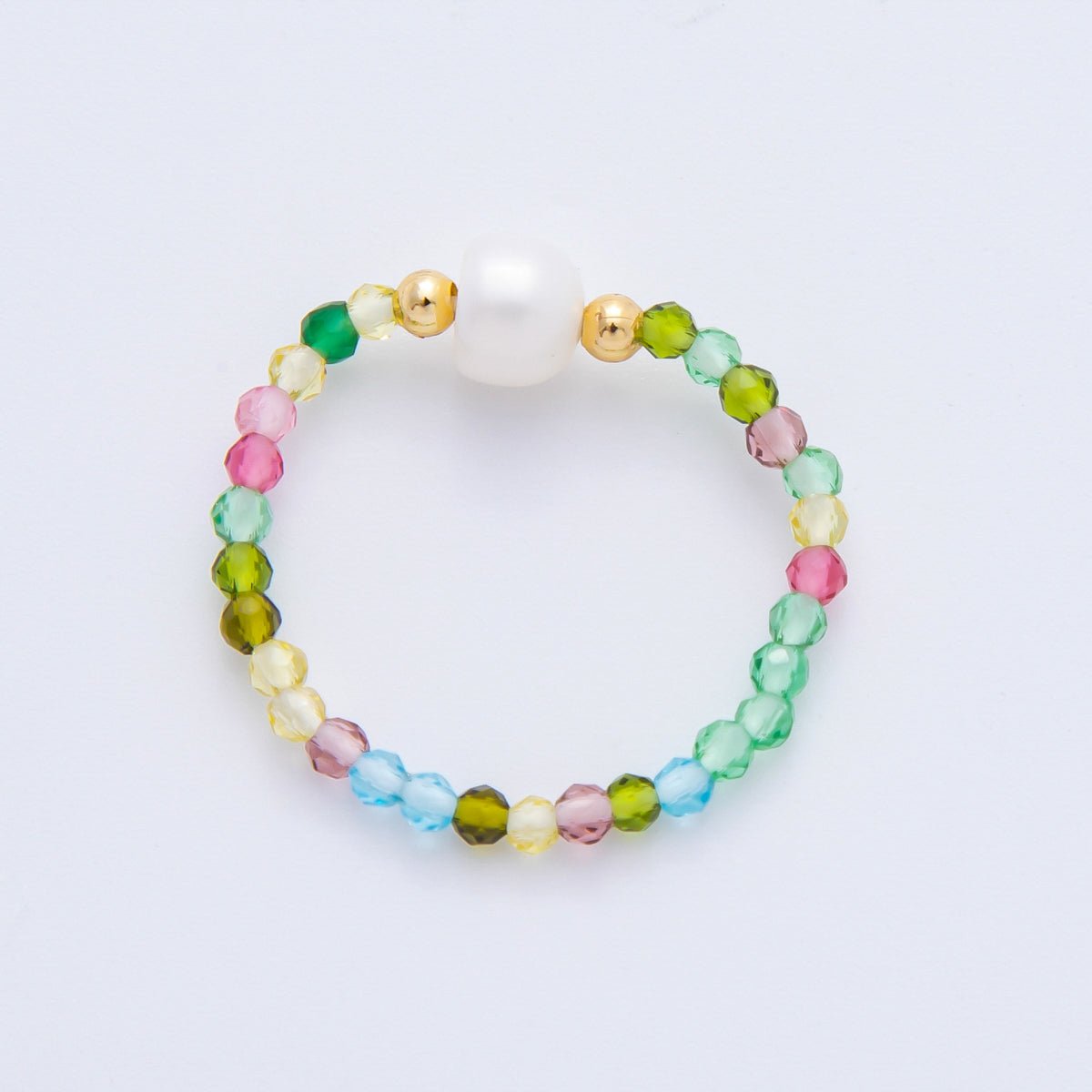 18K Gold Filled Multicolor Quartz Shell Pearl Bead Stretch Ring | O044 - DLUXCA