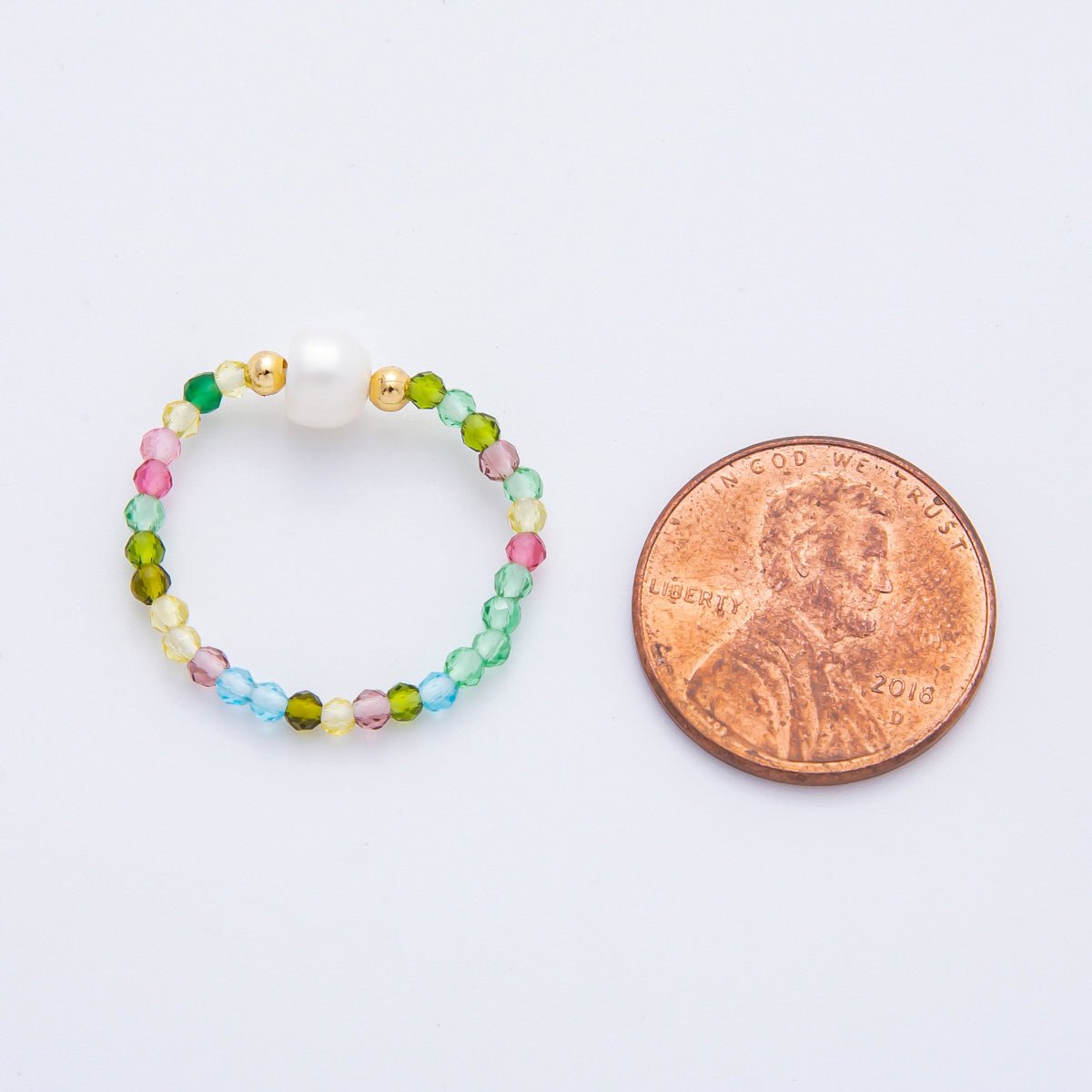 18K Gold Filled Multicolor Quartz Shell Pearl Bead Stretch Ring | O044 - DLUXCA