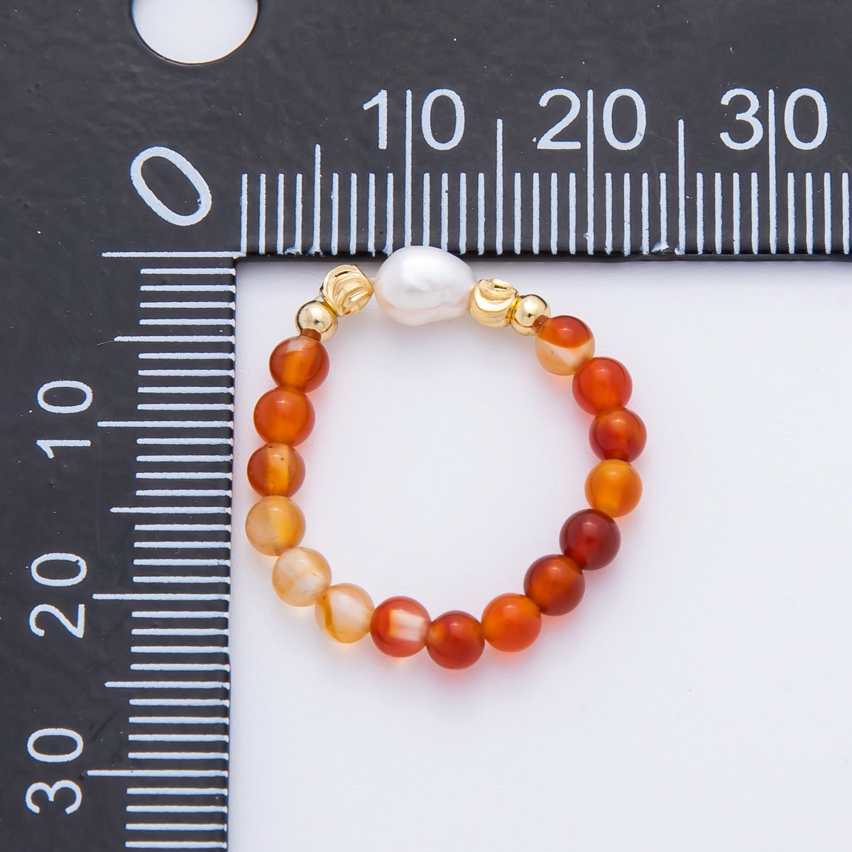 18K Gold Filled Orange Carnelian Gemstone Pearl Ribbed Bead Stretch Ring | O053 - DLUXCA