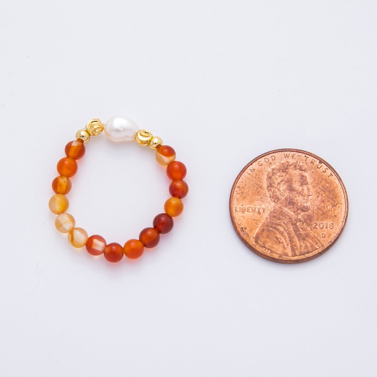 18K Gold Filled Orange Carnelian Gemstone Pearl Ribbed Bead Stretch Ring | O053 - DLUXCA