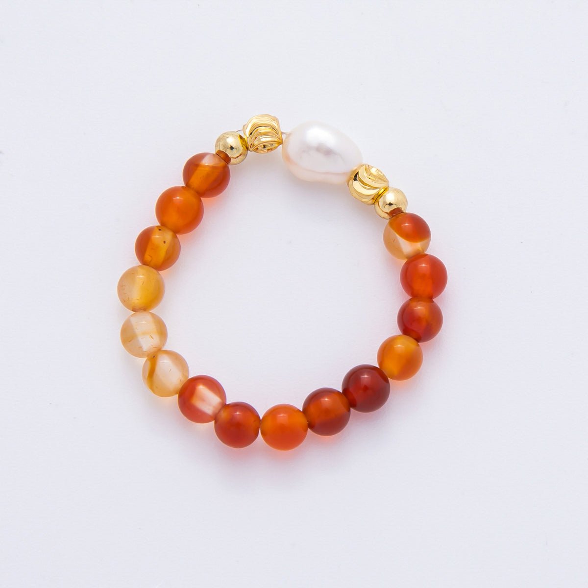 18K Gold Filled Orange Carnelian Gemstone Pearl Ribbed Bead Stretch Ring | O053 - DLUXCA