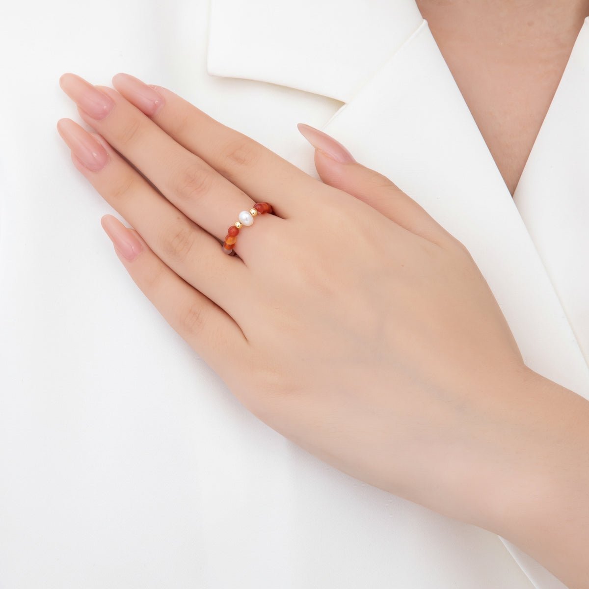 18K Gold Filled Orange Carnelian Gemstone Pearl Ribbed Bead Stretch Ring | O053 - DLUXCA