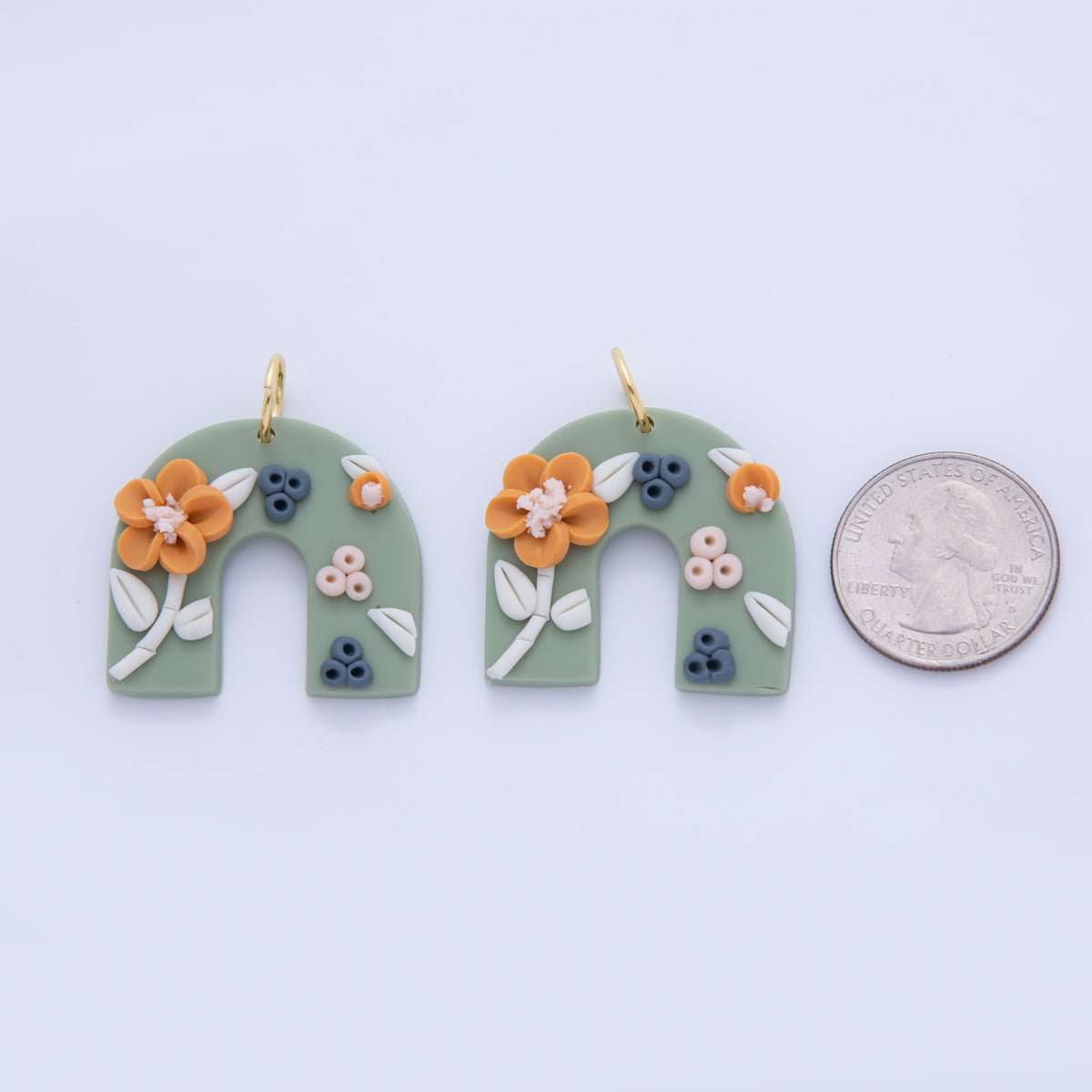 18K Gold Filled Orange Flower Plant Polymer Clay Green U - Shaped Charm | AF366 - DLUXCA