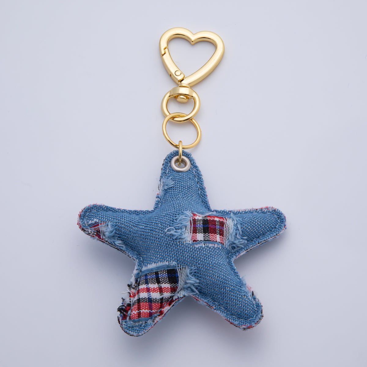 18K Gold Filled Patch Work Denim Puffy Star Heart Push Gate Key Ring Keychain Accessories | WB - 00140 ~ WB - 00144 - DLUXCA