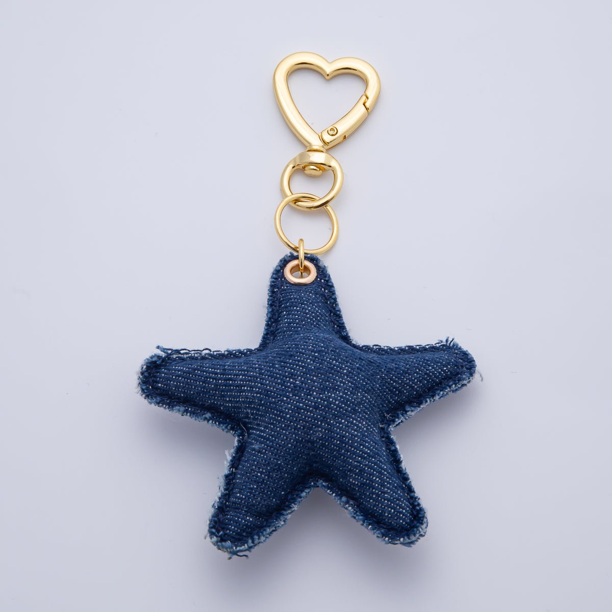 18K Gold Filled Patch Work Denim Puffy Star Heart Push Gate Key Ring Keychain Accessories | WB - 00140 ~ WB - 00144 - DLUXCA