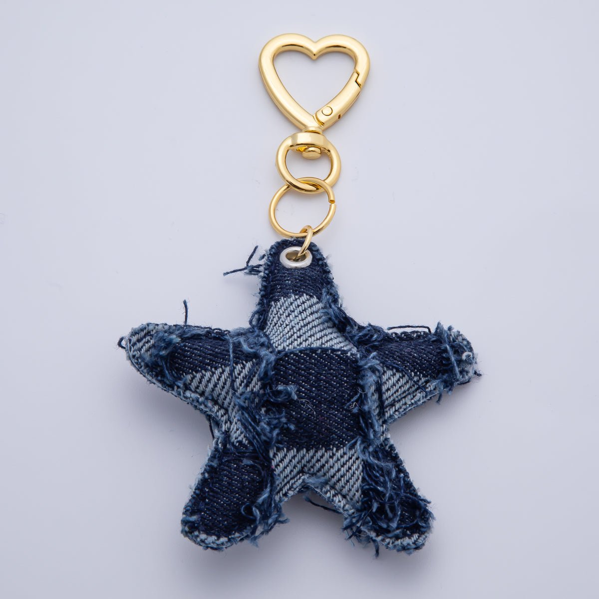 18K Gold Filled Patch Work Denim Puffy Star Heart Push Gate Key Ring Keychain Accessories | WB - 00140 ~ WB - 00144 - DLUXCA