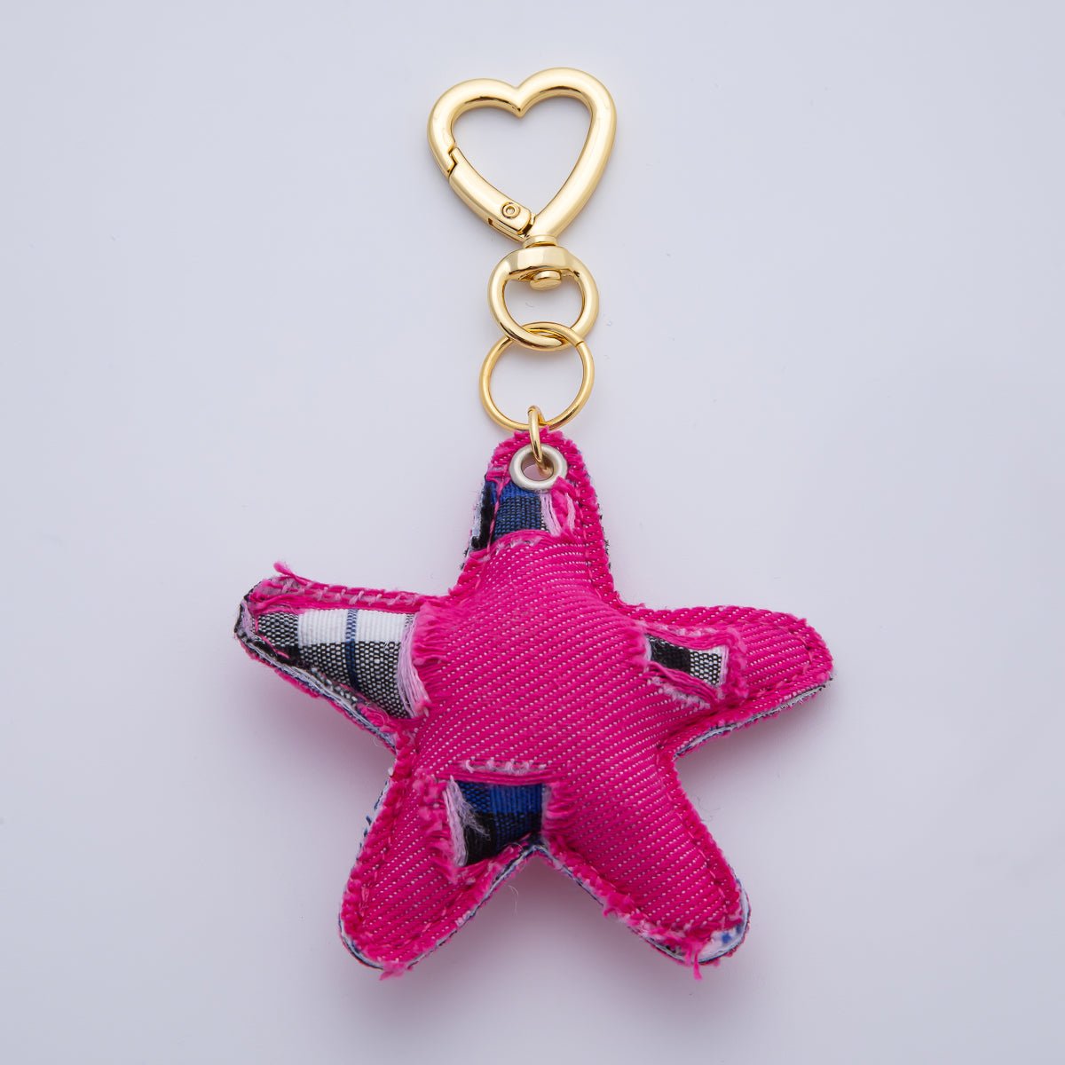 18K Gold Filled Patch Work Denim Puffy Star Heart Push Gate Key Ring Keychain Accessories | WB - 00140 ~ WB - 00144 - DLUXCA