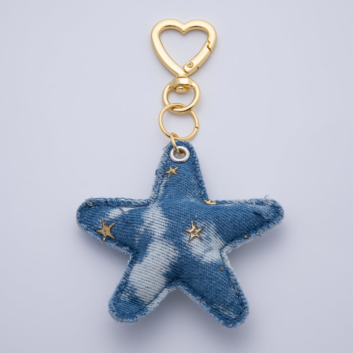 18K Gold Filled Patch Work Denim Puffy Star Heart Push Gate Key Ring Keychain Accessories | WB - 00140 ~ WB - 00144 - DLUXCA