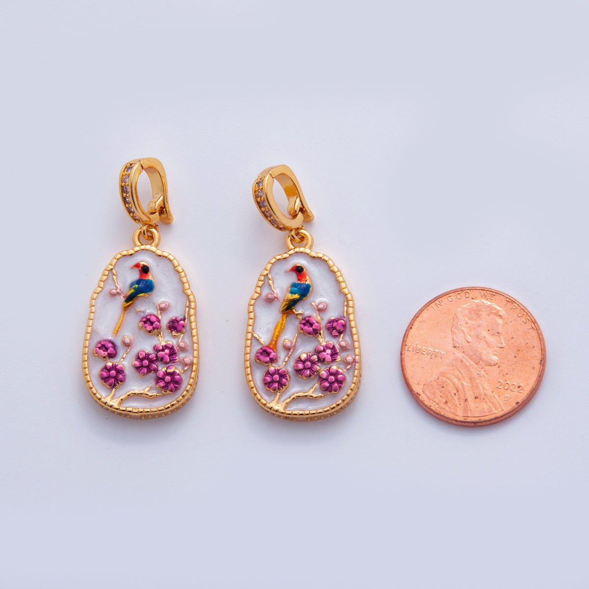 18K Gold Filled Peacock Flower Enamel Drop Micro Paved CZ Snap Bail Finding | AH705 - DLUXCA