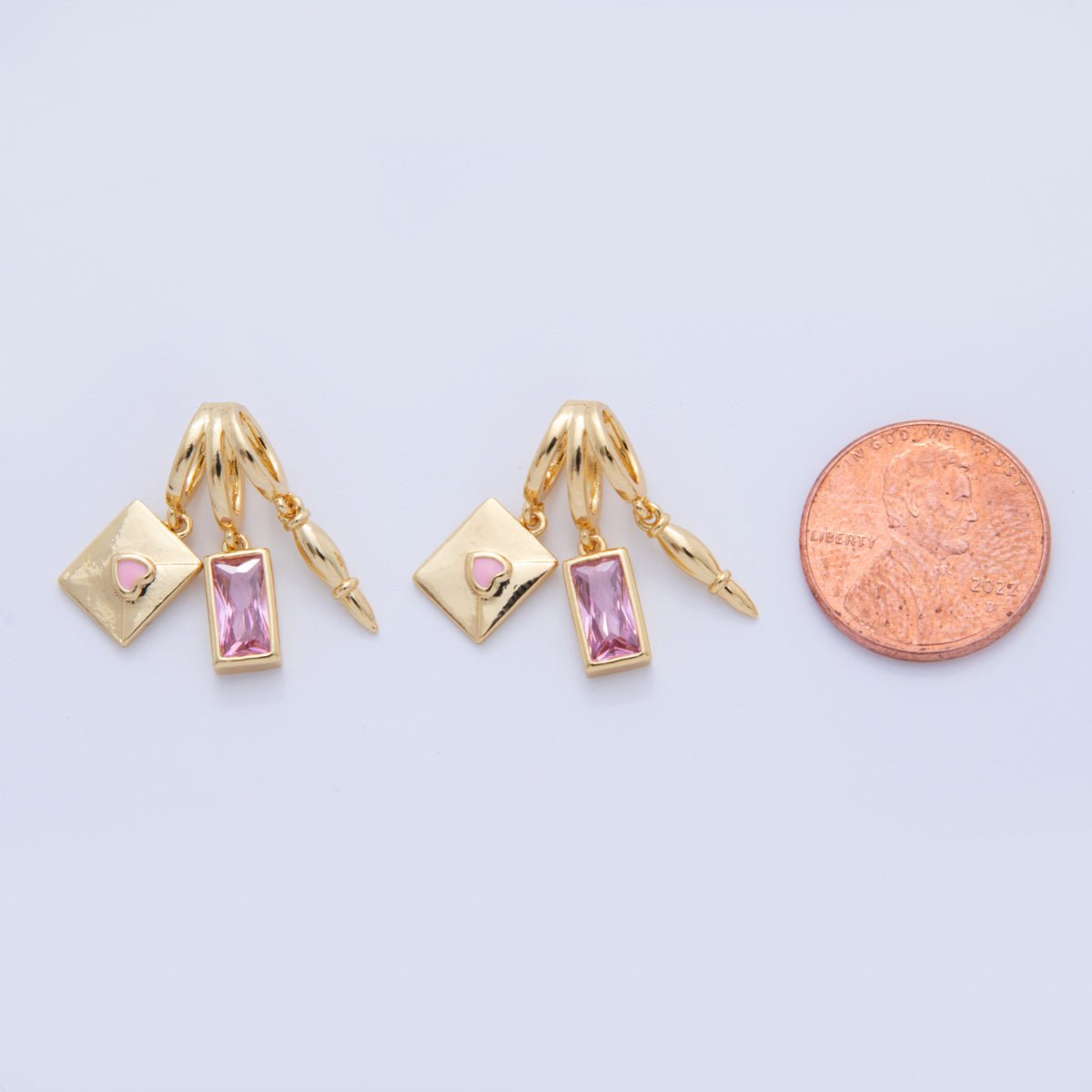 18K Gold Filled Pink Baguette CZ Letter Pen Triple Rhondelle Drop Pendant | AF342 - DLUXCA