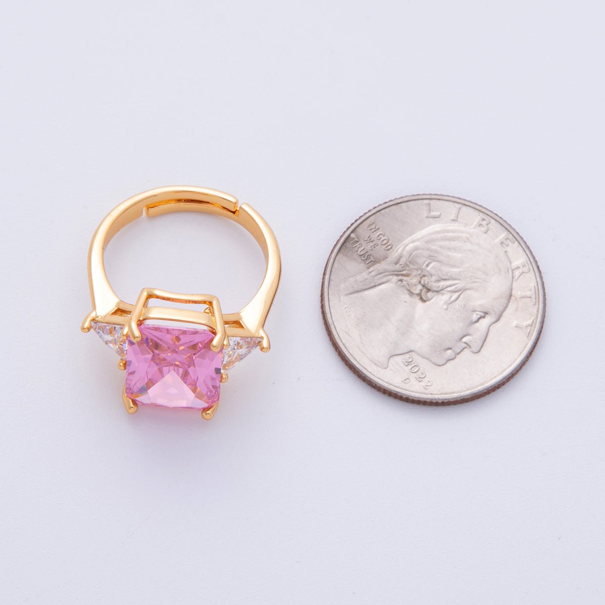 18K Gold Filled Pink, Clear CZ Baguette Triangle Solitaire Adjustable Ring | O805 - DLUXCA