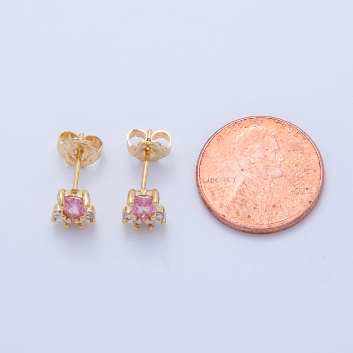 18K Gold Filled Pink Clear CZ Heart Ray Mini Stud Earrings | Q024 - DLUXCA