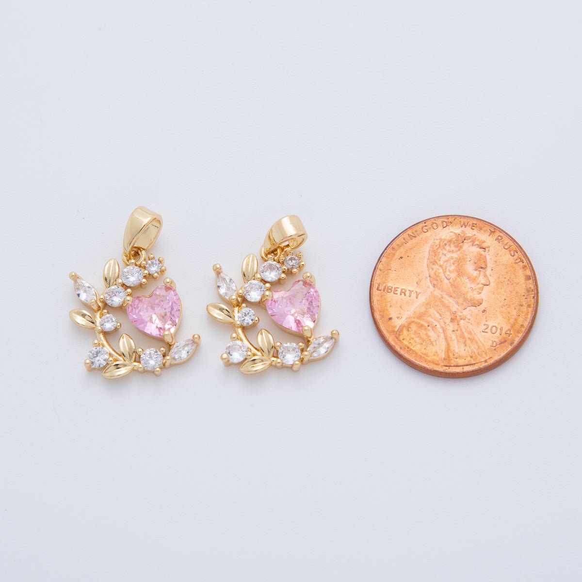 18K Gold Filled Pink CZ Heart Curved Floral Pendant | AH773 - DLUXCA