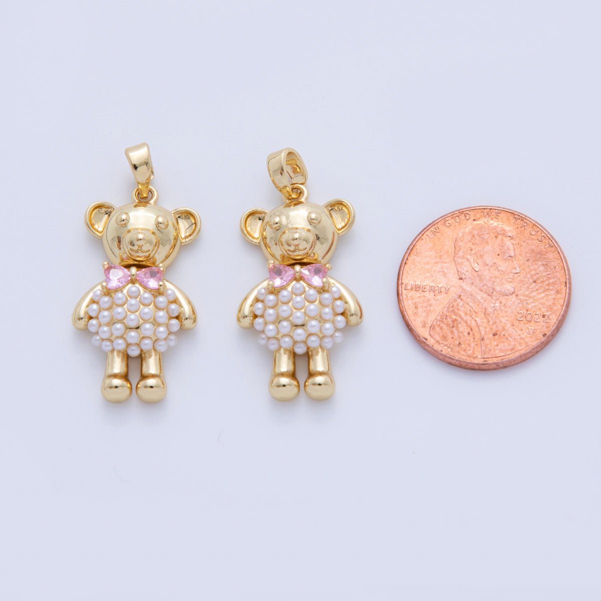 18K Gold Filled Pink CZ Shell Pearl Teddy Bear Swivel Pendant | AH745 - DLUXCA