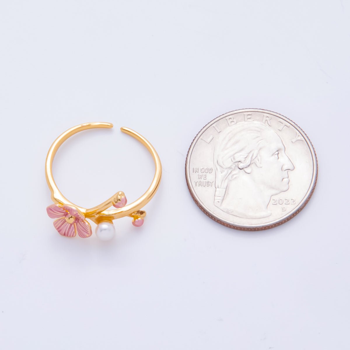 18K Gold Filled Pink Enamel Sakura Flower with Shell Pearl Adjustable Ring | O - 032 - DLUXCA