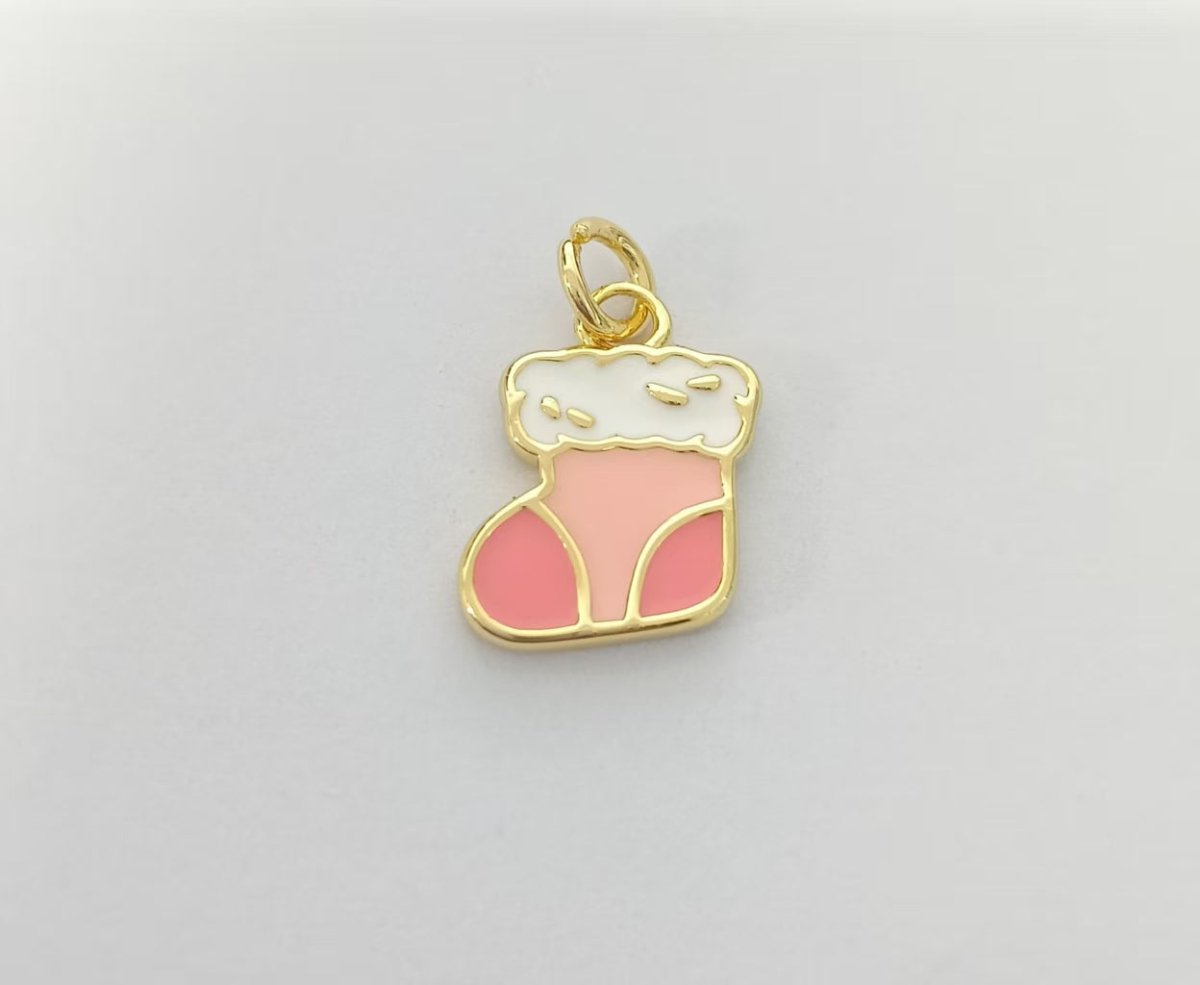 18K Gold Filled Pink Enamel Snow Socks Boots Christmas Charm | AK115 - DLUXCA