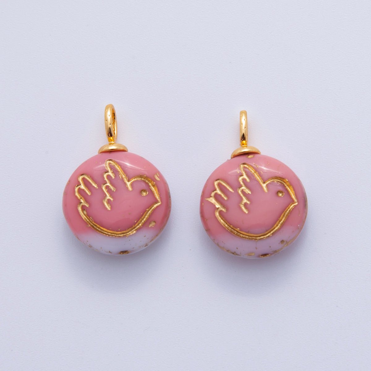 18K Gold Filled Pink, Green, Fuchsia Bird Ceramic Round Drop Pendant | AF714 AF715 - DLUXCA