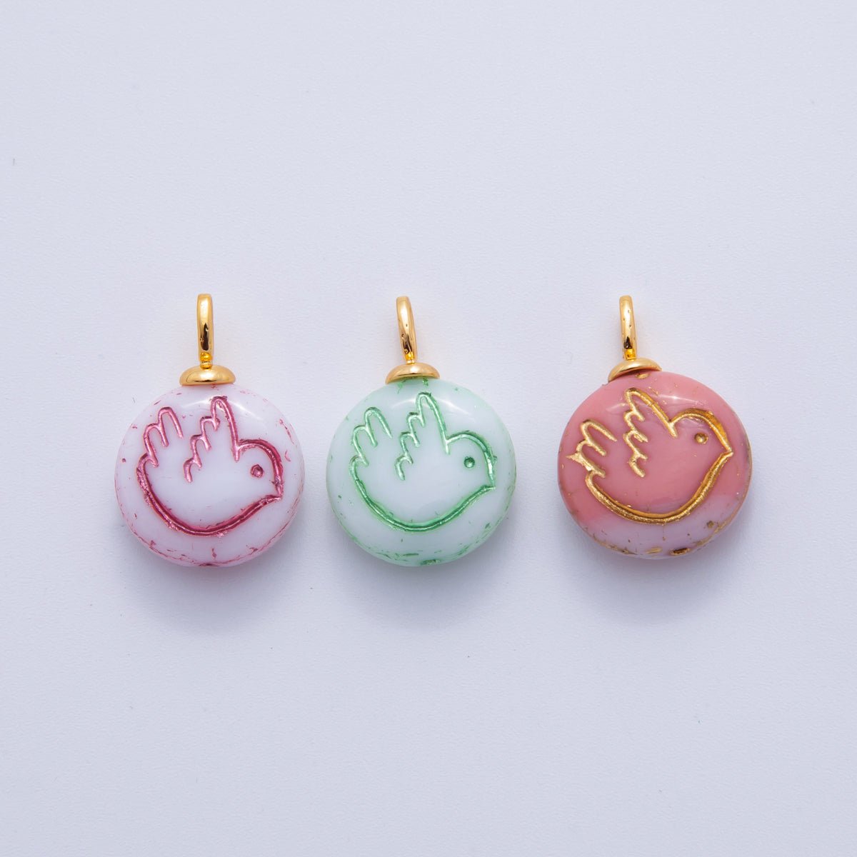 18K Gold Filled Pink, Green, Fuchsia Bird Ceramic Round Drop Pendant | AF714 AF715 - DLUXCA