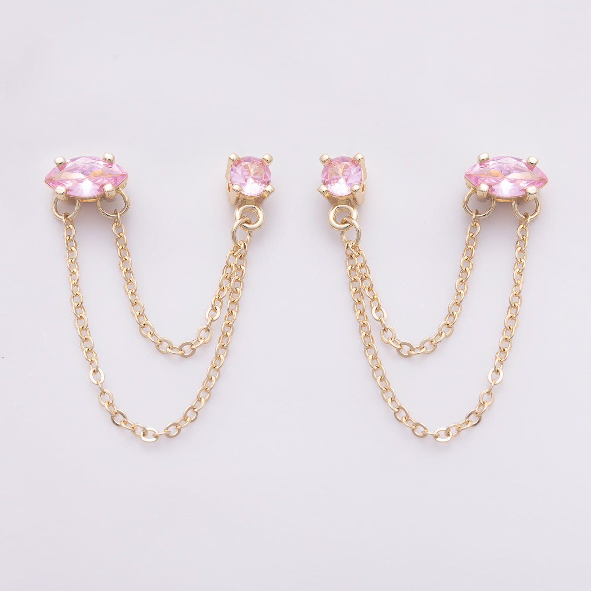 18K Gold Filled Pink, Green Round CZ Double Cable Chain Drop Studs in Gold & Silver | Earrings - 00205 ~ Earrings - 00208 - DLUXCA