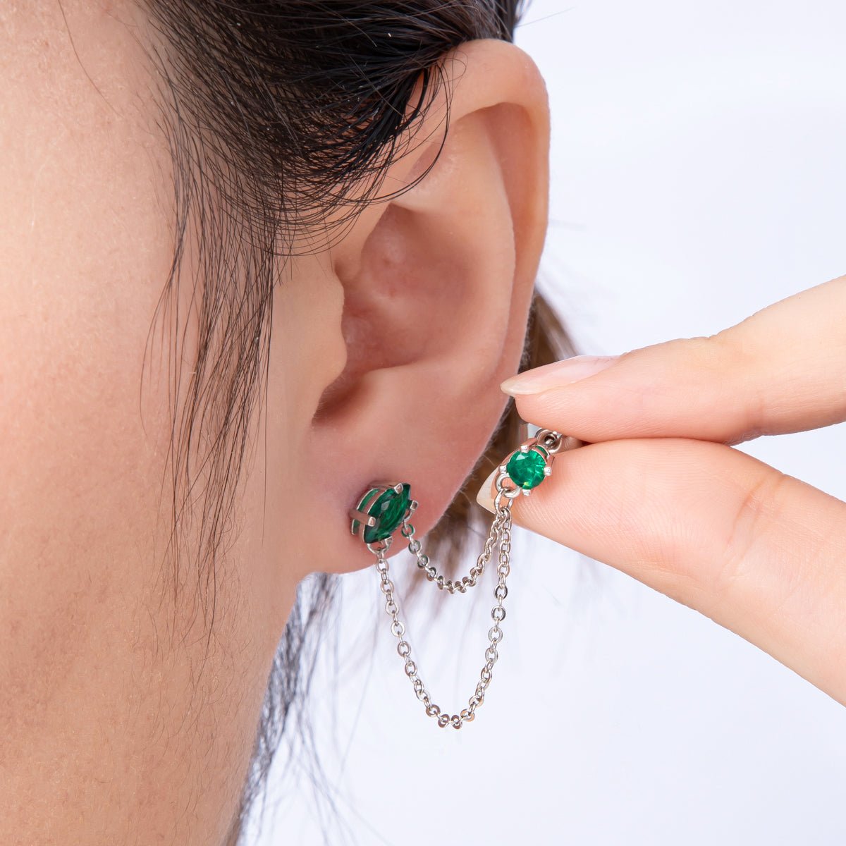 18K Gold Filled Pink, Green Round CZ Double Cable Chain Drop Studs in Gold & Silver | Earrings - 00205 ~ Earrings - 00208 - DLUXCA