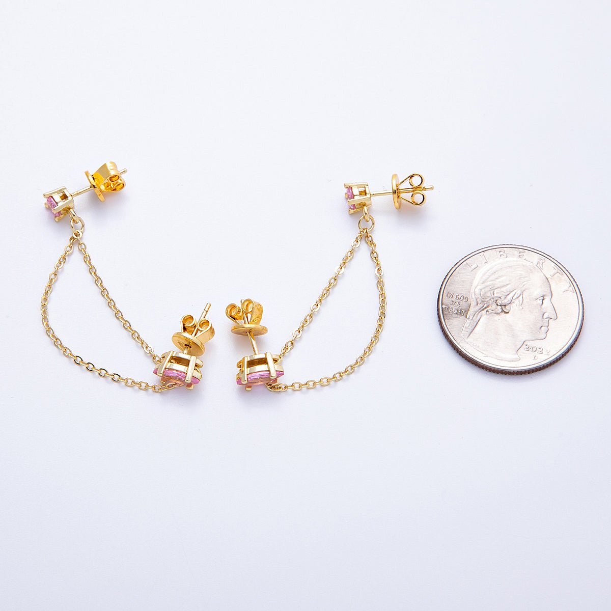 18K Gold Filled Pink, Green Round CZ Double Cable Chain Drop Studs in Gold & Silver | Earrings - 00205 ~ Earrings - 00208 - DLUXCA