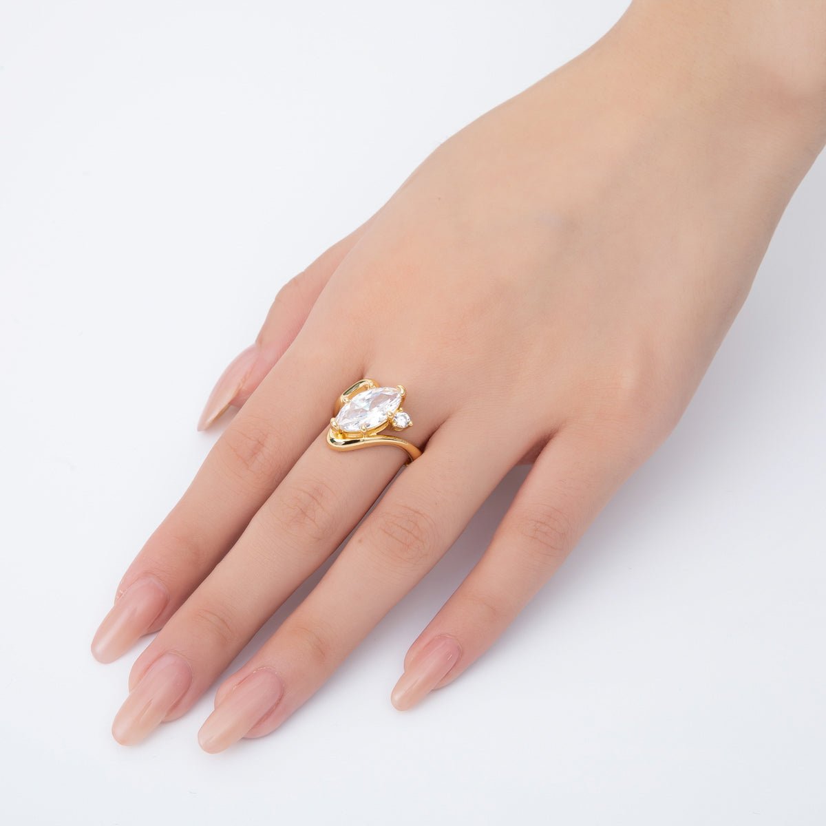 18K Gold Filled Pink Marquise & Round CZ Rose Crown Adjustable Ring | O - A2243 - DLUXCA