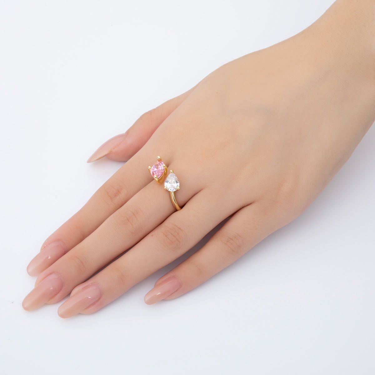 18K Gold Filled Pink Marquise & Teardrop CZ Two Stems Adjustable Ring | O - A2203 - DLUXCA