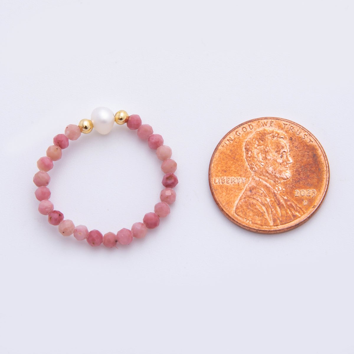 18K Gold Filled Pink Opal Gemstone Pearl Bead Stretch Ring | O048 - DLUXCA