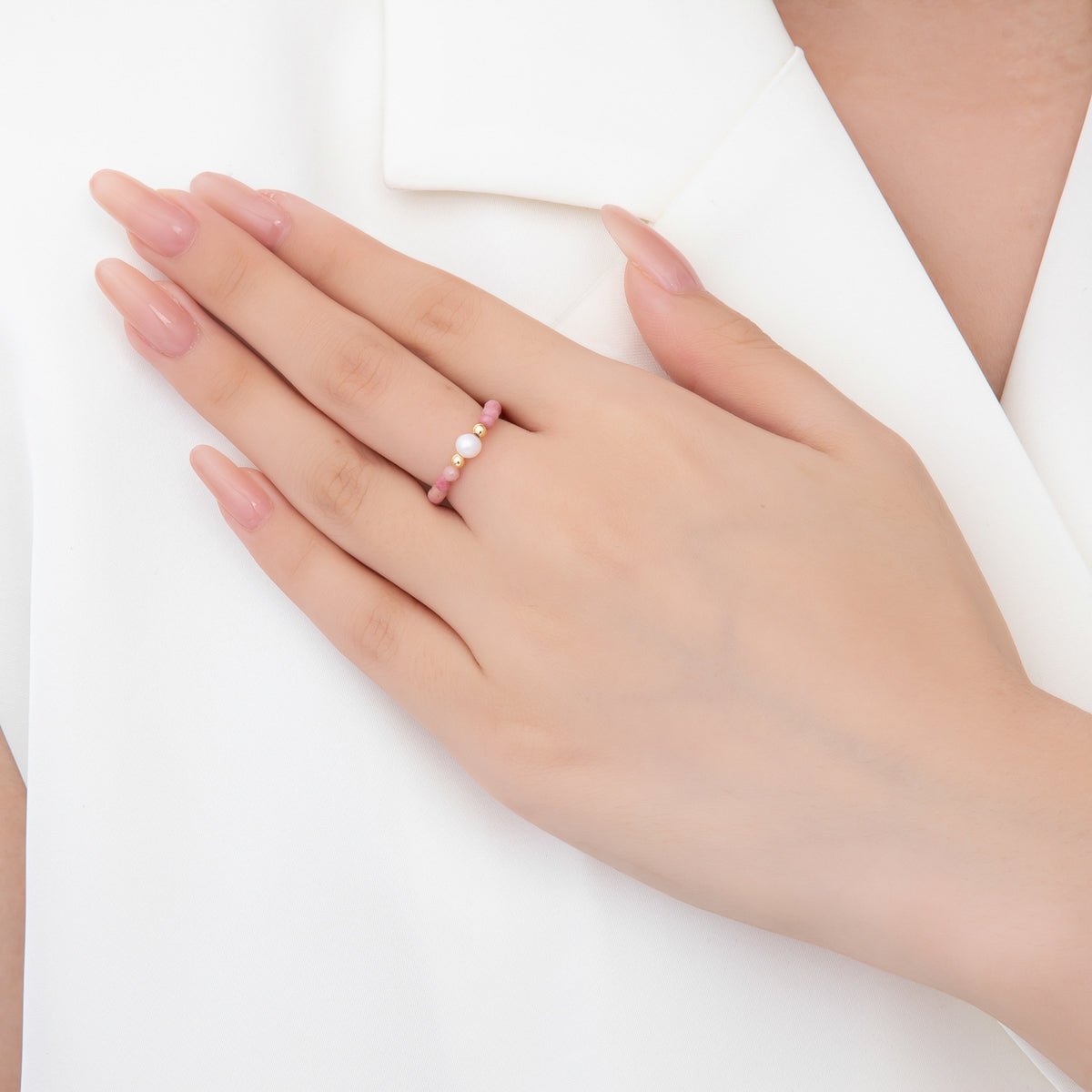 18K Gold Filled Pink Opal Gemstone Pearl Bead Stretch Ring | O048 - DLUXCA