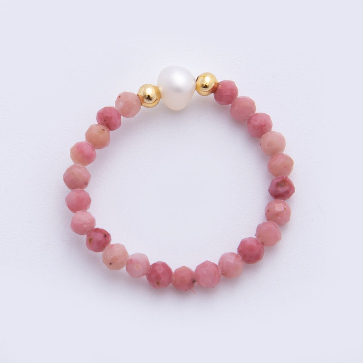 18K Gold Filled Pink Opal Gemstone Pearl Bead Stretch Ring | O048 - DLUXCA