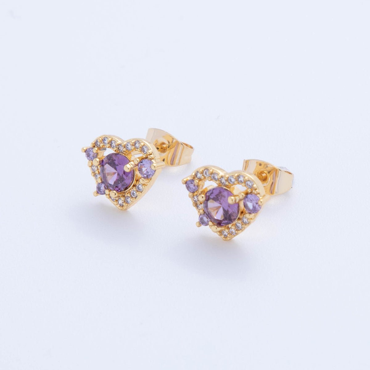 18K Gold Filled Pink & Purple Micro Paved CZ Sweetheart Lover Heart Stud Earrings | AI386 AI387 - DLUXCA