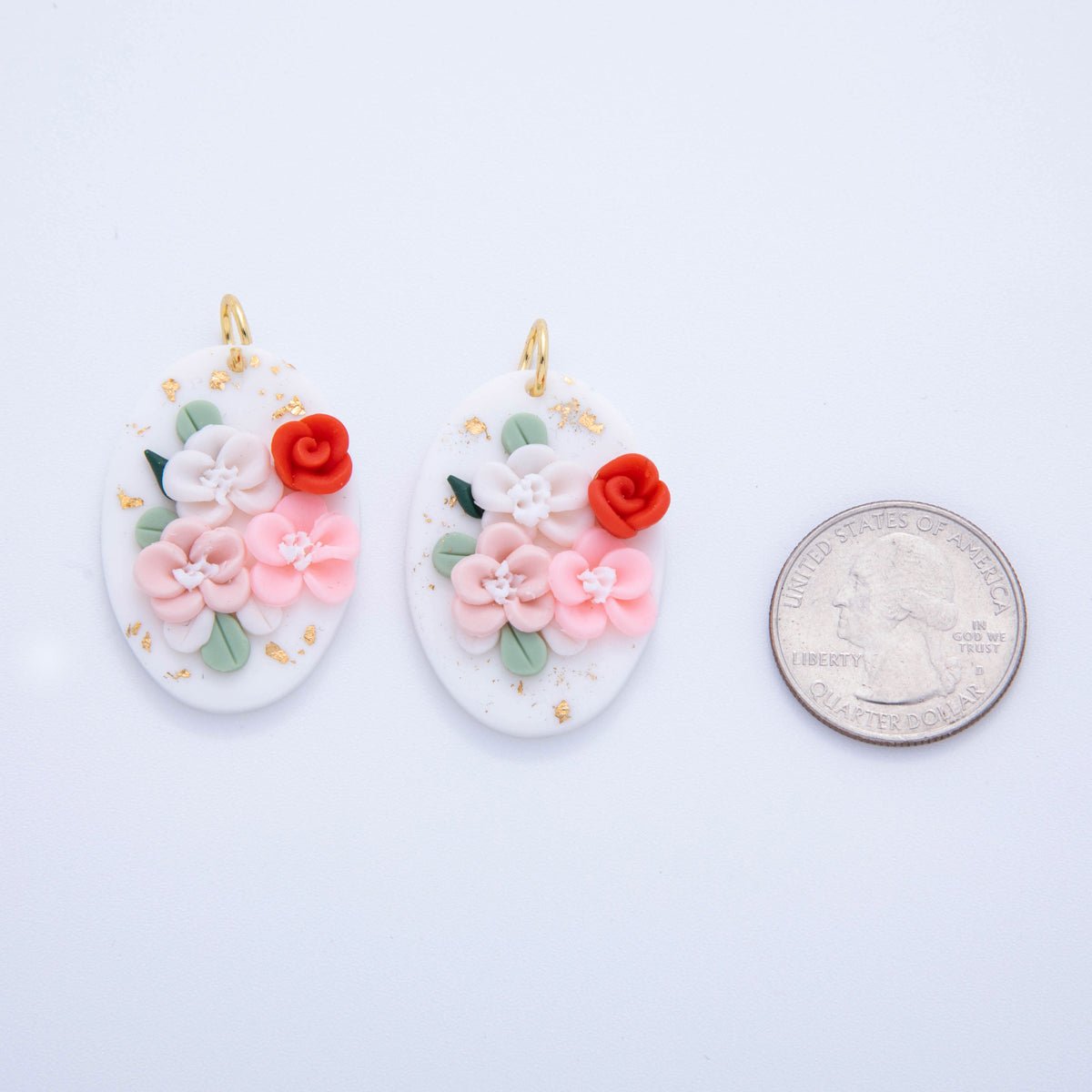 18K Gold Filled Pink Red Rose Flower White Oval Polymer Clay Charm | AF705 - DLUXCA