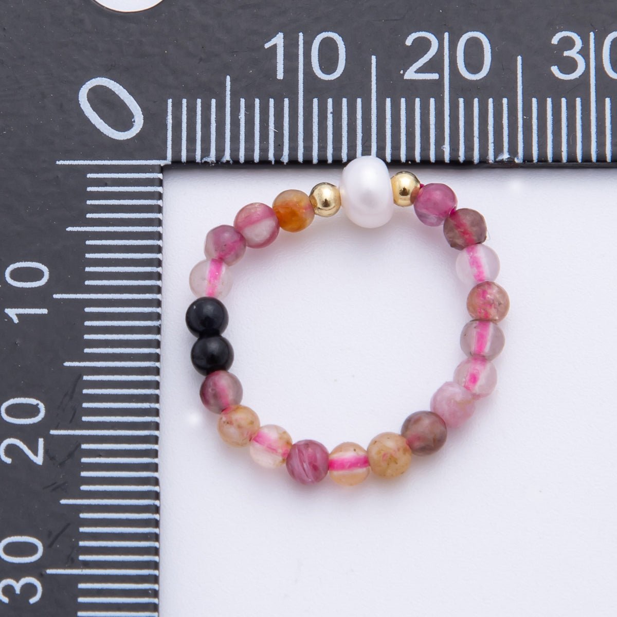 18K Gold Filled Pink Rhodonite Gemstone Pearl Ribbed Bead Stretch Ring | O053 - DLUXCA