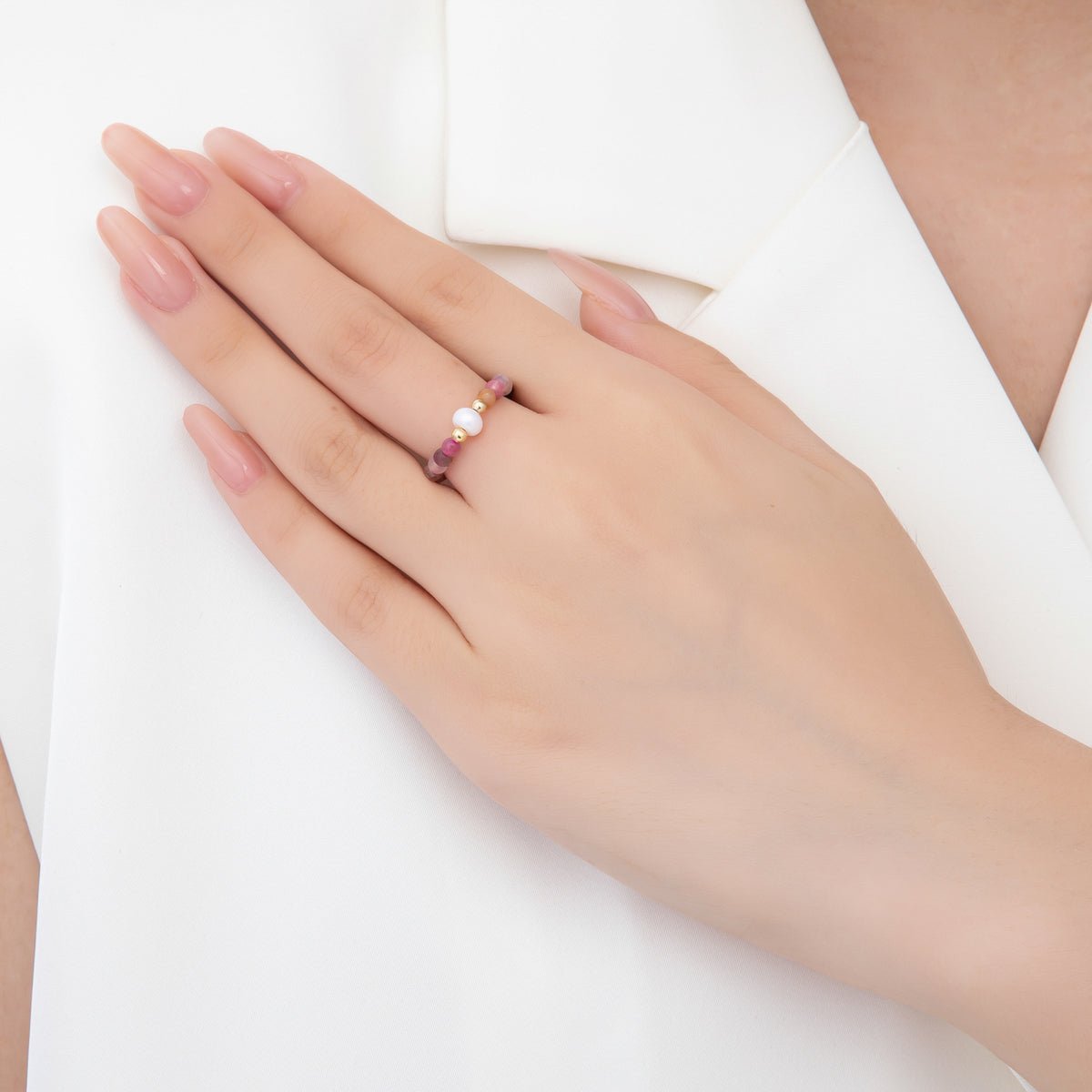 18K Gold Filled Pink Rhodonite Gemstone Pearl Ribbed Bead Stretch Ring | O053 - DLUXCA