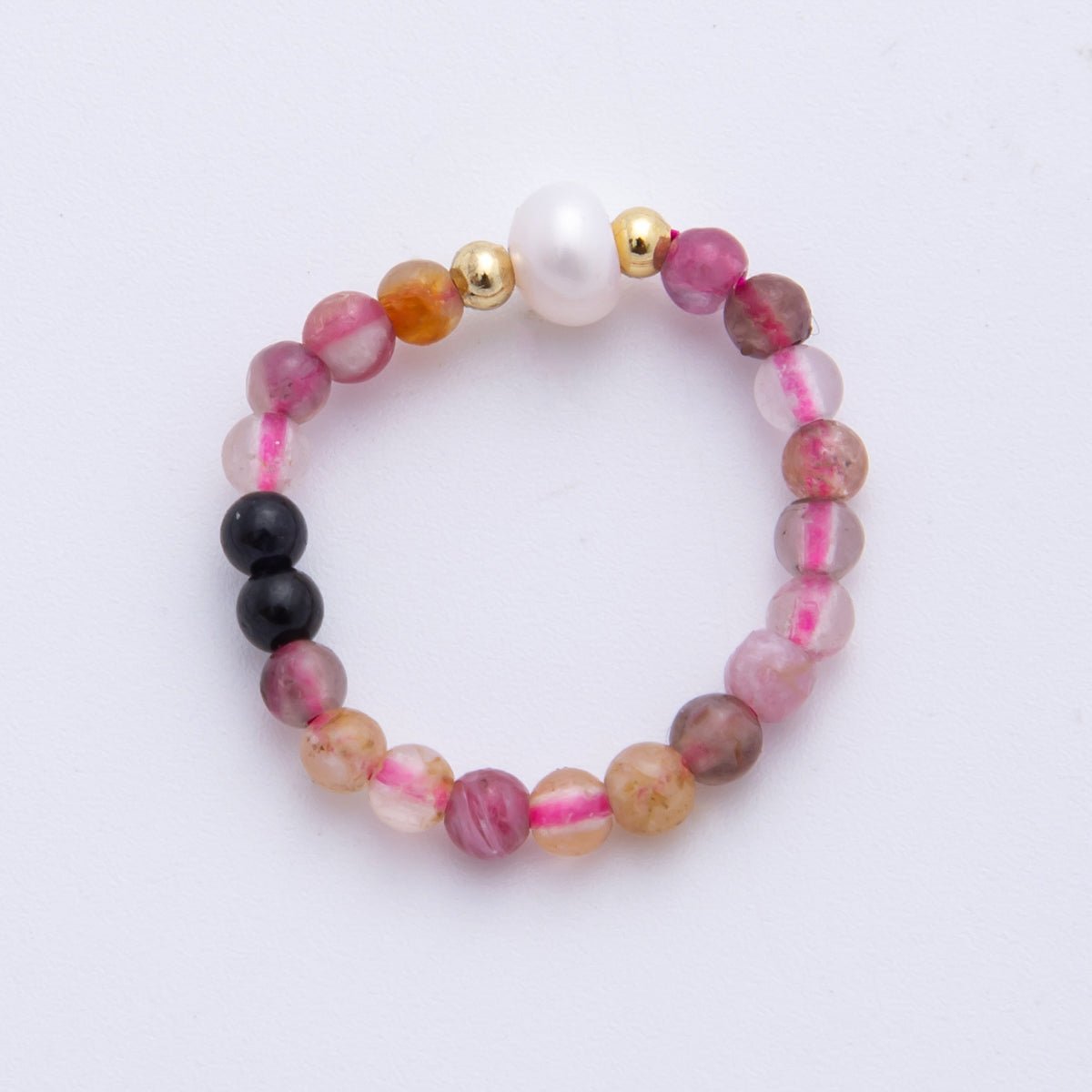18K Gold Filled Pink Rhodonite Gemstone Pearl Ribbed Bead Stretch Ring | O053 - DLUXCA