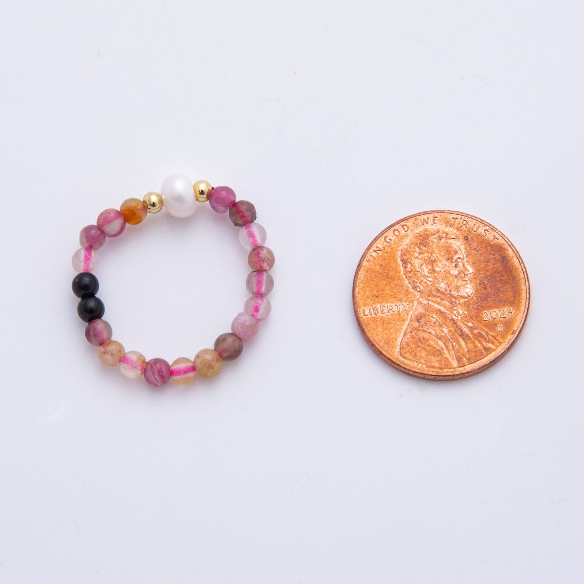 18K Gold Filled Pink Rhodonite Gemstone Pearl Ribbed Bead Stretch Ring | O053 - DLUXCA