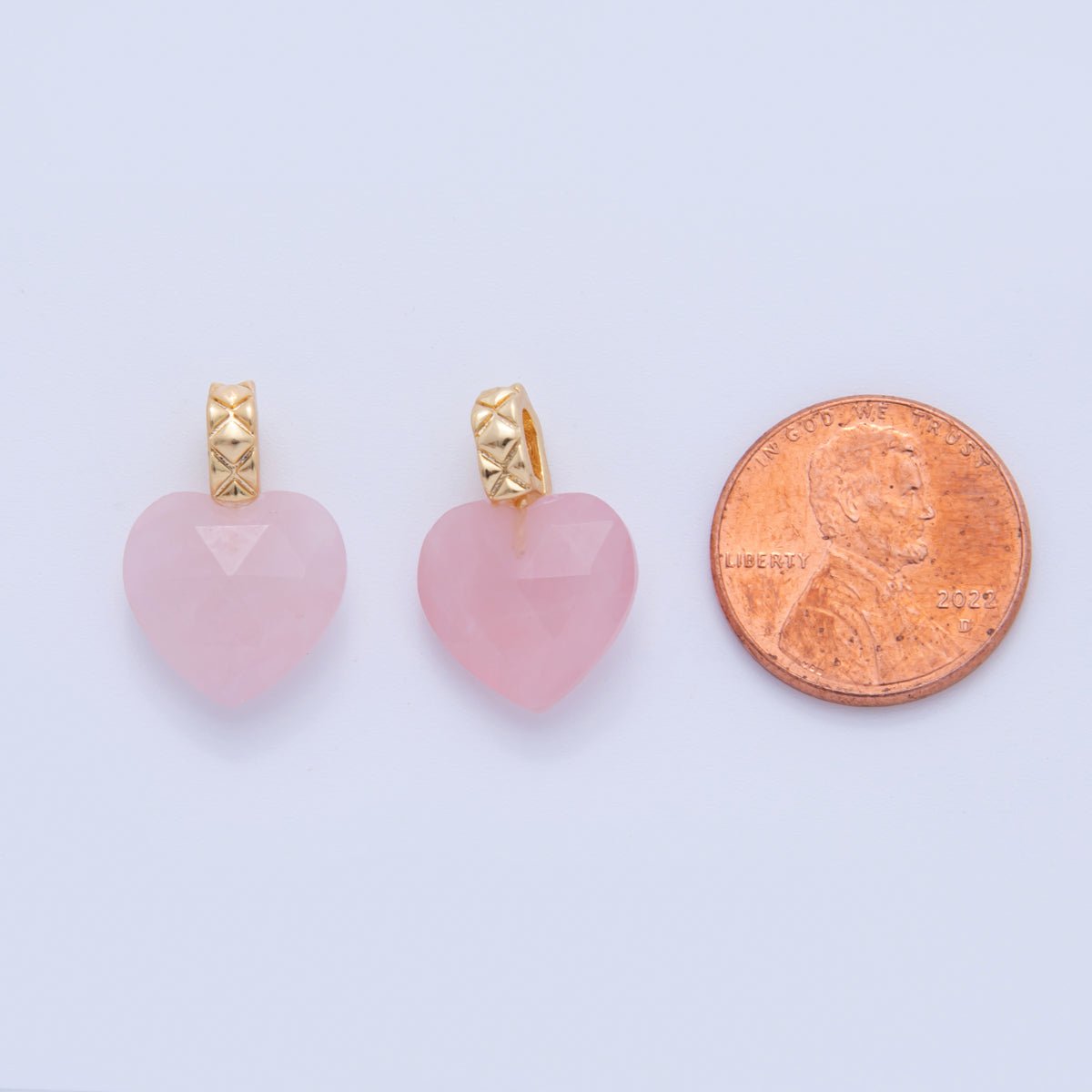 18K Gold Filled Pink Rose Quartz Gemstone Heart Quilted Bail Pendant | AF360 - DLUXCA