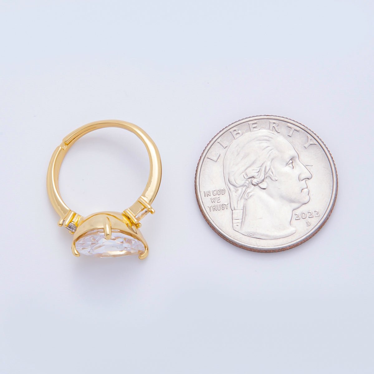 18K Gold Filled Pink Teardrop & Micro Paved CZ Diagonally Crown Adjustable Ring | O - A2187 - DLUXCA