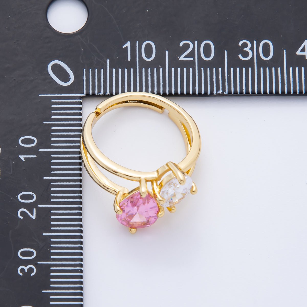 18K Gold Filled Pink Teardrop & Round CZ Double Solitaire Adjustable Ring | O - A2241 - DLUXCA